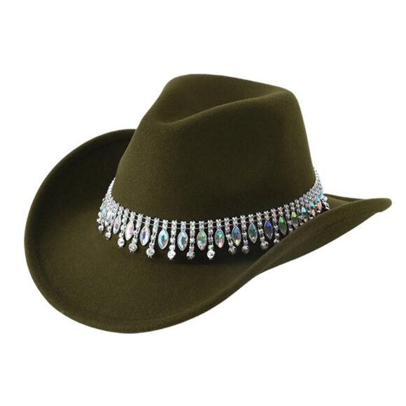 Green Cowboy Hat Rhinestone Band Western Rodeo Country Music Festival Party Cap - Picture 1 of 2